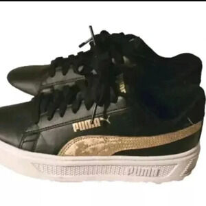PUMA Smash Platform v3 Sneakers  Black & Gold Women's 6.5 Youth 4.5 Excellent Co